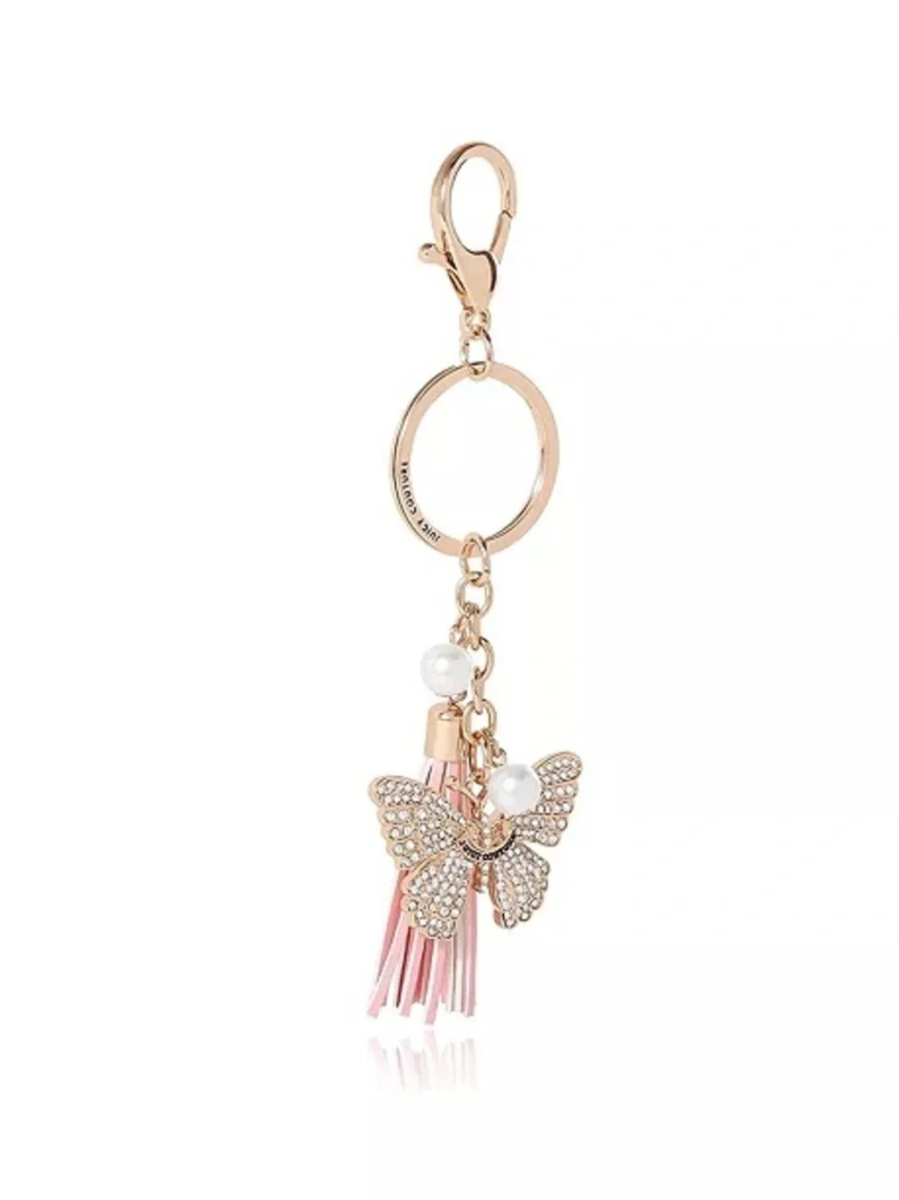 Juicy Couture Gold Crystal Butterfly Keychain with Pink Tassel